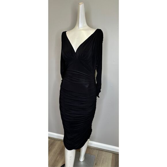 Norma Kamali Tara Long-Sleeve Deep-V Ruched Stretch Jersey Midi Dress $175 - Picture 4 of 11